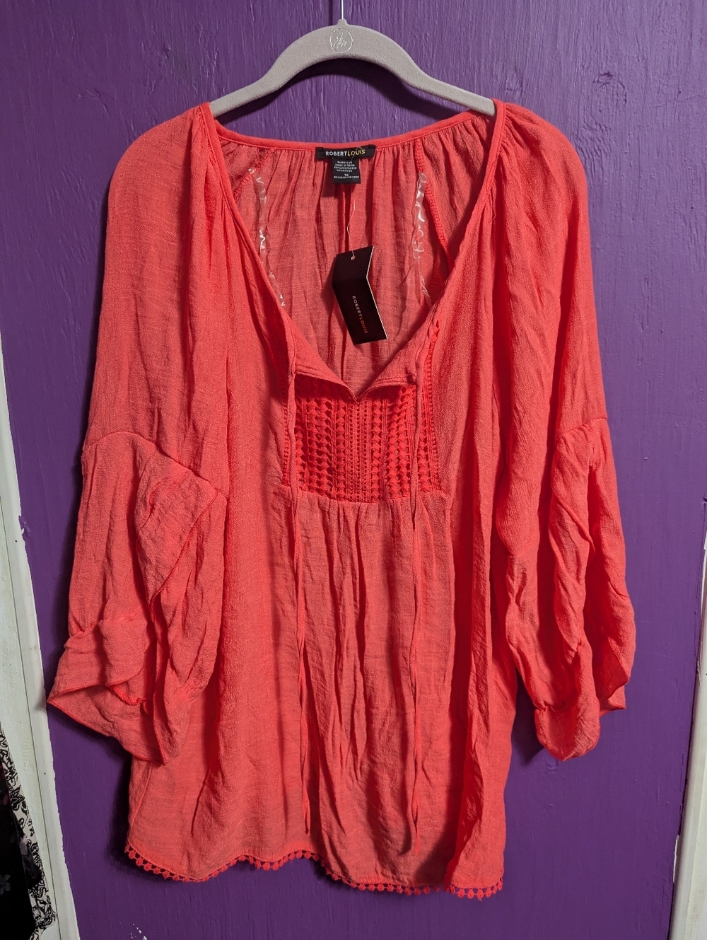 💜 NWT $42 Robert Louis Coral Croquet Detail 3/4 Flutter Sleeve Blouse 1X 16